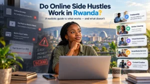 Young Rwandan woman working on a laptop overlooking Kigali, comparing online side hustles in Rwanda, including freelancing, tutoring, virtual assistance, and survey sites with country restrictions.