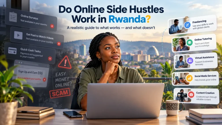 Young Rwandan woman working on a laptop overlooking Kigali, comparing online side hustles in Rwanda, including freelancing, tutoring, virtual assistance, and survey sites with country restrictions.