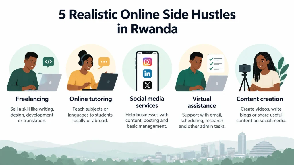 Five realistic online side hustles in Rwanda, including freelancing, tutoring, social media management, virtual assistance, and content creation.