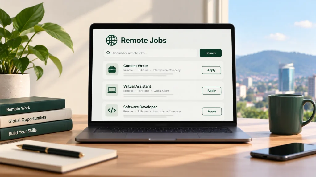 Laptop displaying international remote job listings for content writers, virtual assistants, and software developers.