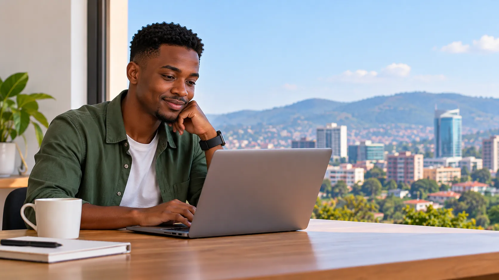 Young Rwandan man working remotely on a laptop from a home office overlooking Kigali, Rwanda.